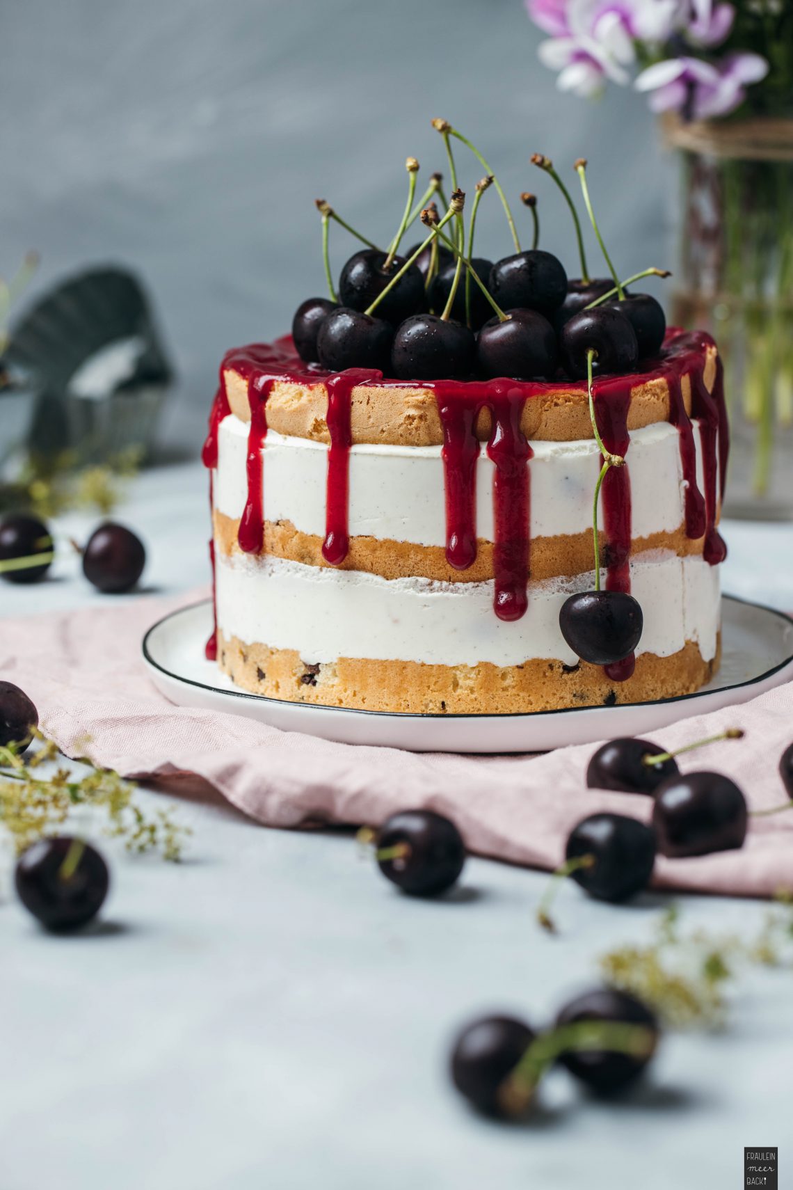 Joghurt-Kirschtorte mit Biskuit und Schokotupfen - Fräulein Meer backt